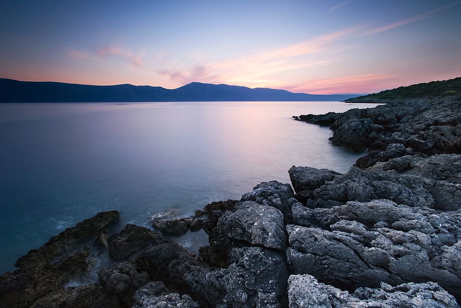 sea, ocean, water, wave, nature, rocks, horizon, sunset, sky HD wallpaper