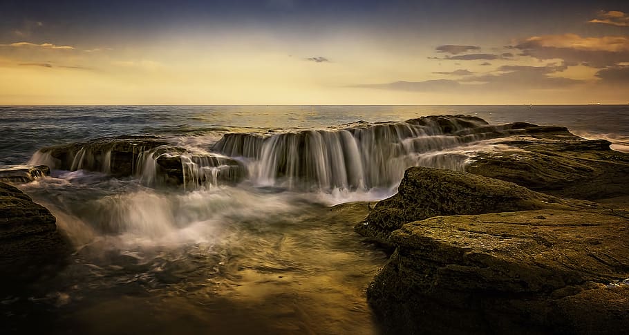 Waterfalls, beautiful, cascade, dawn, dusk, foam, golden horizon HD wallpaper