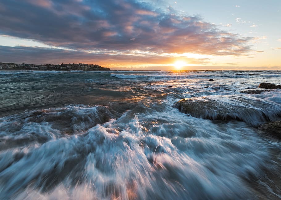 sea water during sunset, sky, motion, beauty in nature, scenics - nature HD wallpaper