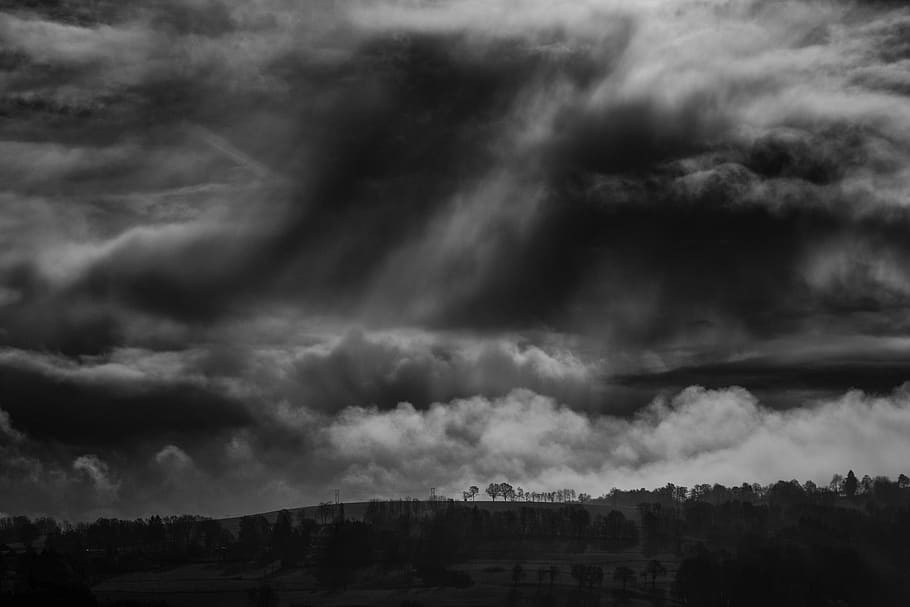 france, arbusigny, black, white, trees, storm, clouds, rainy, HD wallpaper