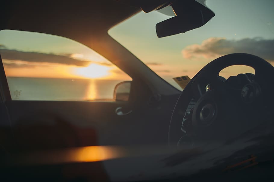 black steering wheel, horizon, sunset, smart car, vehicle, through window, HD wallpaper