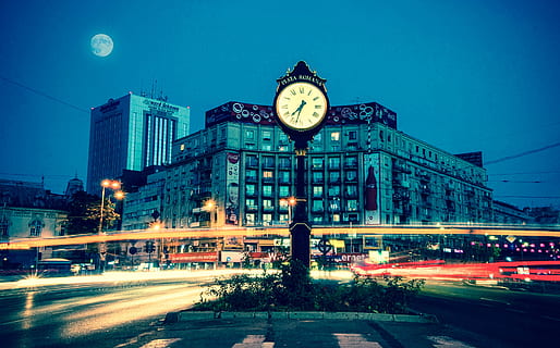romania, bucharest, piata romana, moon, cars, bucuresti, longexposer HD wallpaper