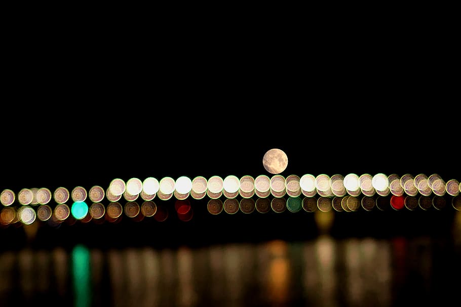 night, moon, bridge, full moon, moonlight, sky, dark, mystical HD wallpaper