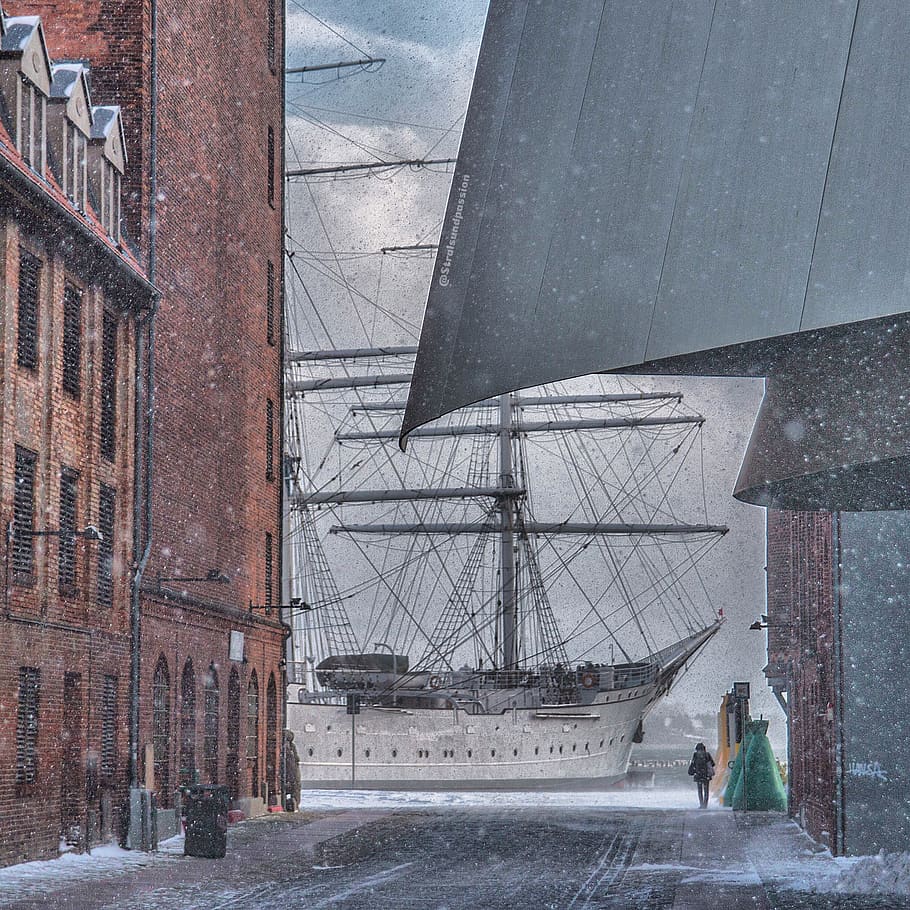 Painting of Man Standing Near White Sailing Ship, architecture HD wallpaper
