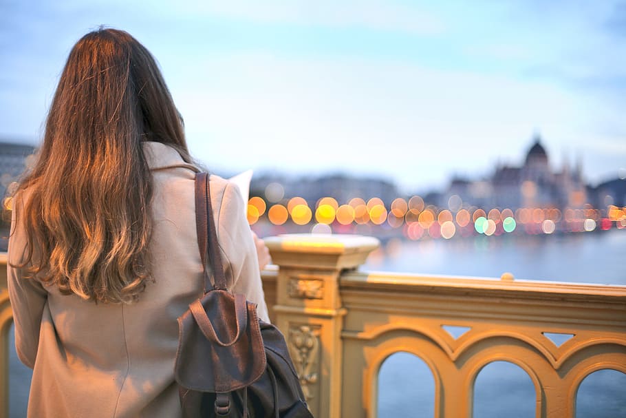 Woman Wearing Trench Coat And Black Leather Backpack, bag, bokeh HD wallpaper
