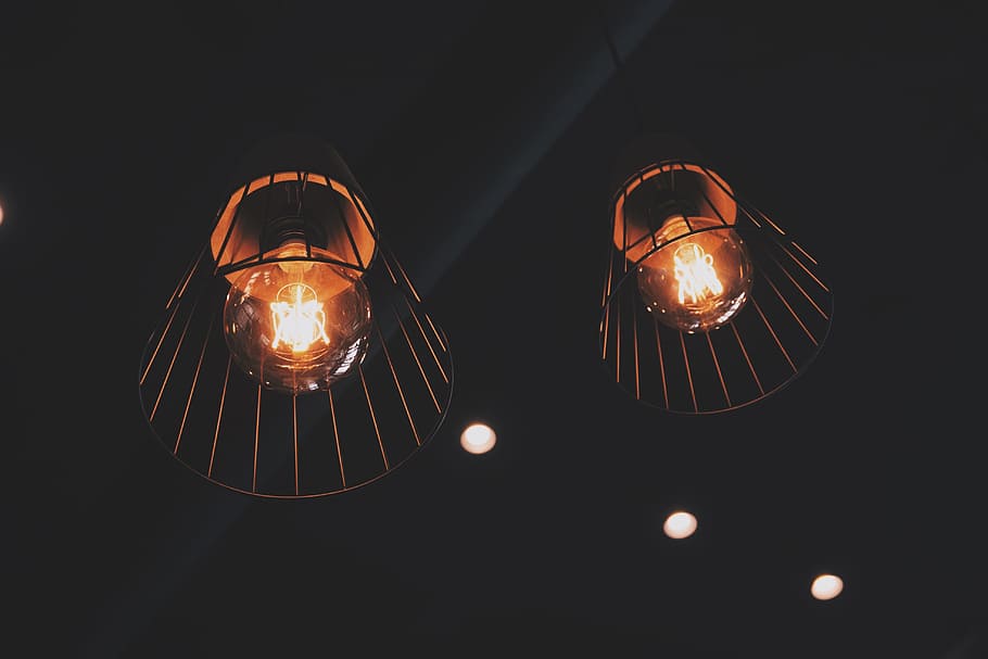 Two Pendant Lamps, ceiling lights, close-up, colors, dark, decoration HD wallpaper