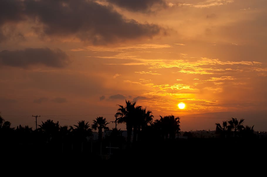 greece, sunset, orange, red, yellow, silhouette, shadow, dusk HD wallpaper