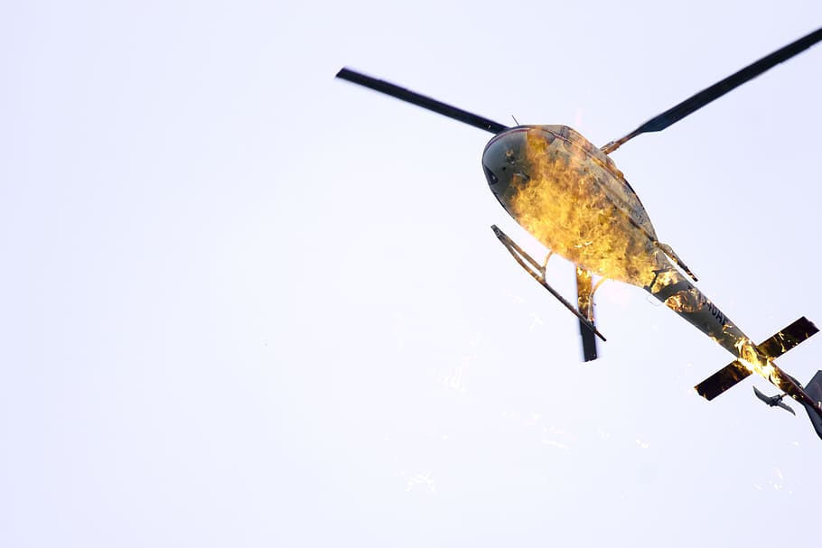 helicopter, fire, burn, double exposure, copy space, no people HD wallpaper