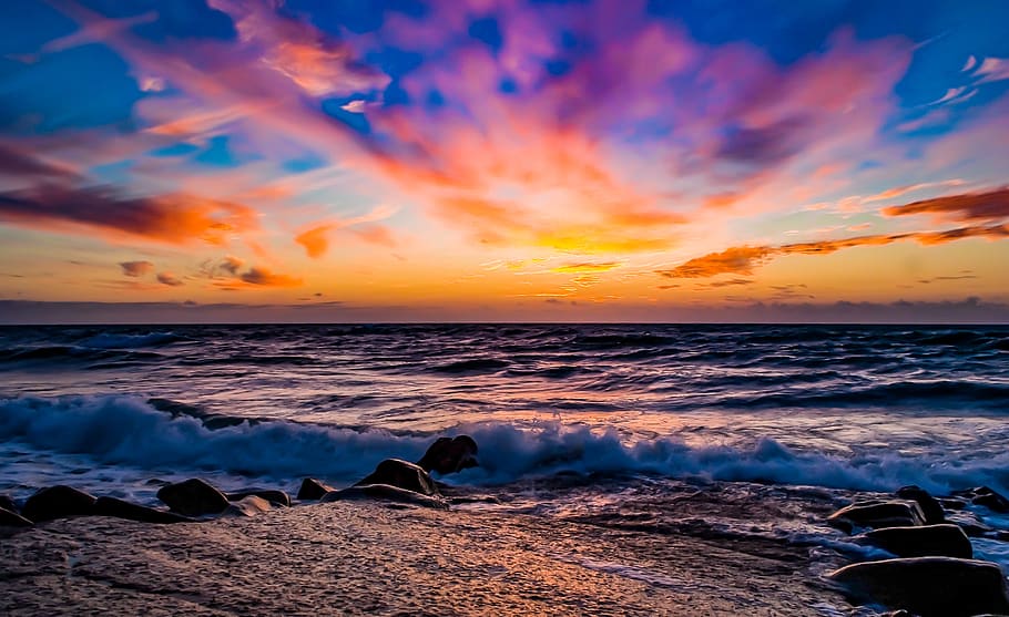 coast, beach, sunset, colour, waves, sea, ocean, sky, water HD wallpaper