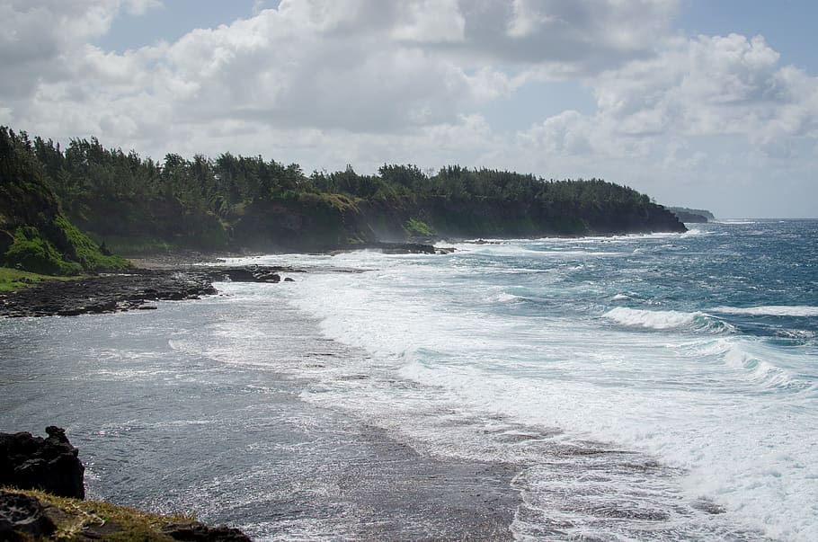 wallapaper, sky, sea, beach, trees, forest, mauritius, waves HD wallpaper