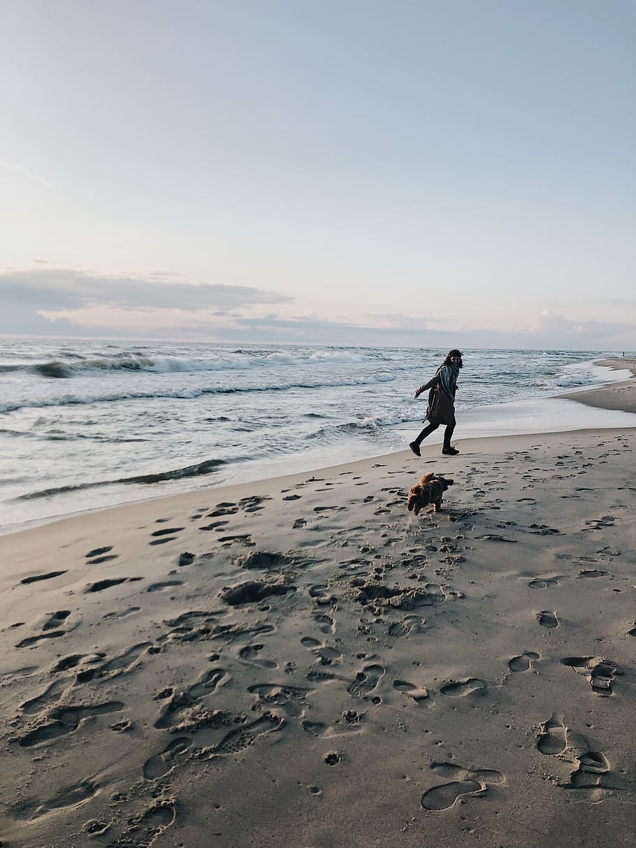 Person Running At The Beach, horizon, ocean, sand, sea, seascape HD wallpaper