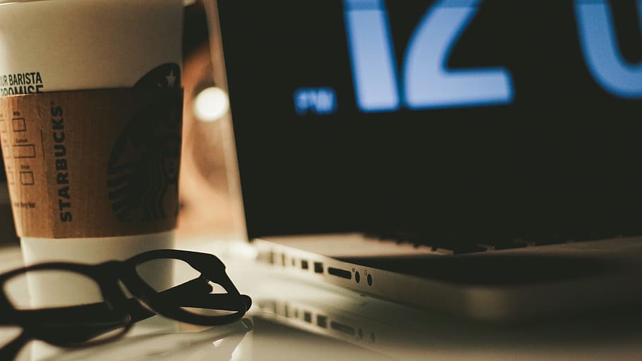 eyeglasses beside laptop computer, color, green, deep, coffee, HD wallpaper