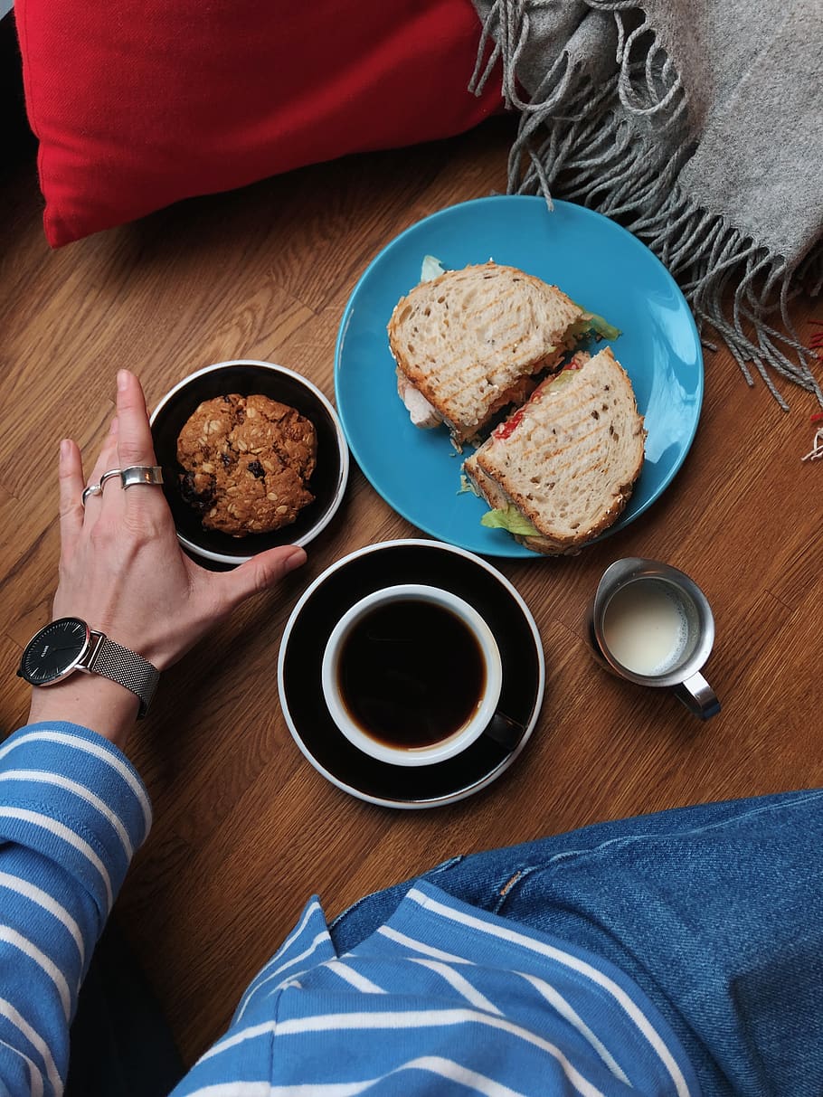 Person Holding Bowl of Food on Floor, black coffee, bread, caffeine HD wallpaper