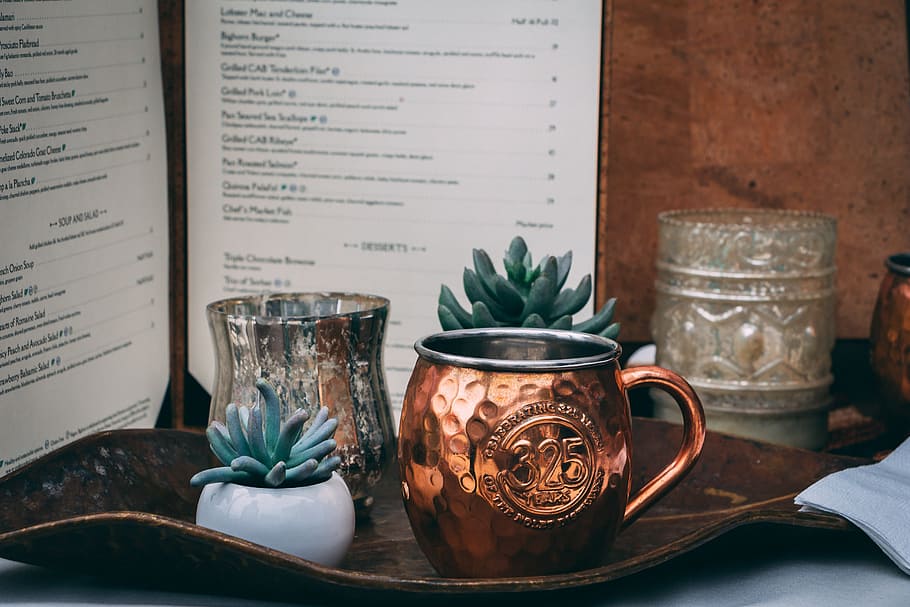 gold cup beside succulent plant on tray, copper, drink, metal HD wallpaper