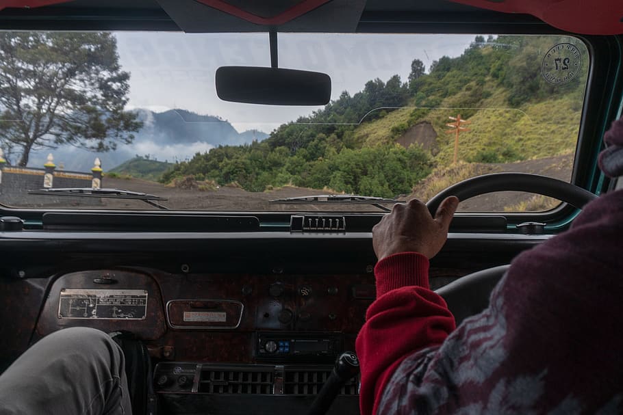 Person Driving, adventure, bromo, dashboard, daylight, dirt road HD wallpaper