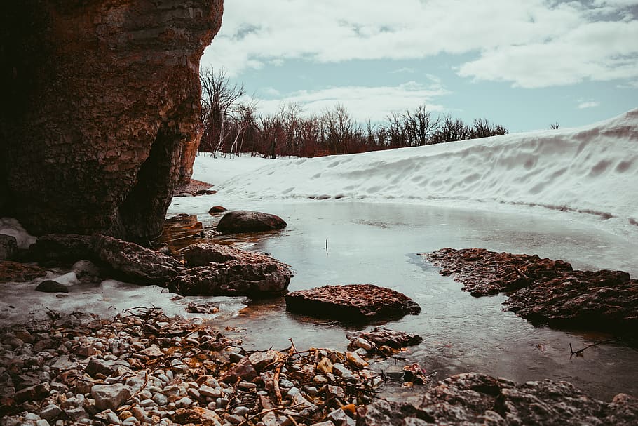river, frozen, lake, trees, winter, rocks, water, tranquility HD wallpaper