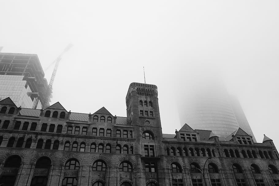 crane, machine, building, concrete, fog, sky, construction HD wallpaper