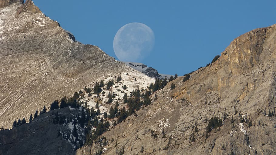 canada, canmore, mountain, sky, moon, rock, rock - object, nature HD wallpaper