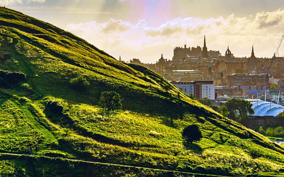 united kingdom, edinburgh, arthur's seat, grass, green, sunset, HD wallpaper