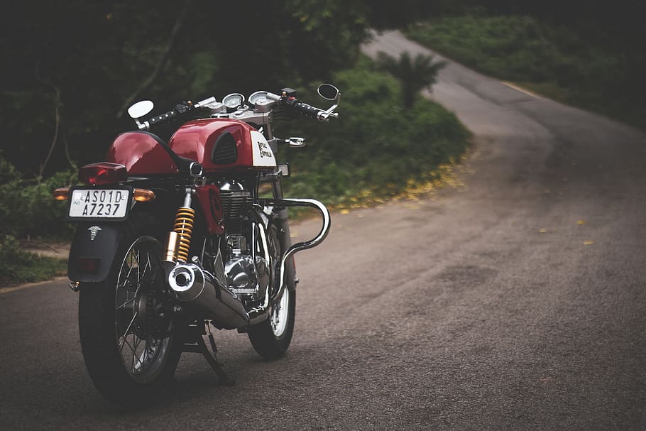 Red Standard Motorcycle Parked on Farm Road, asphalt, classic HD wallpaper