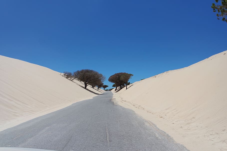 spain, cádiz, tarifa, road, dune, sky, clear sky, blue, nature, HD wallpaper