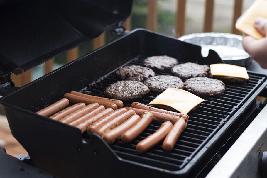 person standing in front grill grilling sausage, food, bbq, american cheese, HD wallpaper