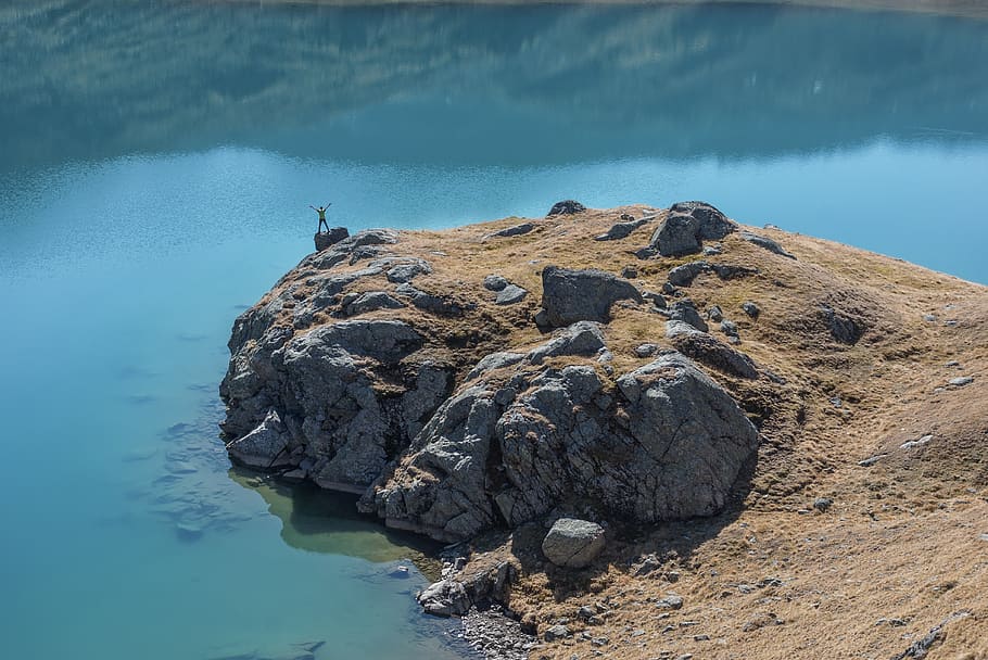 lake, mountain, man, only, water, landscape, mountains, nature HD wallpaper