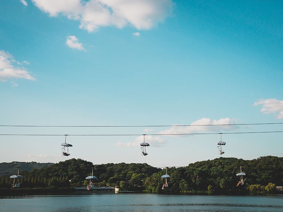 sky, cloud, blue, nature, lift, skylift, mountain, lake, people HD wallpaper