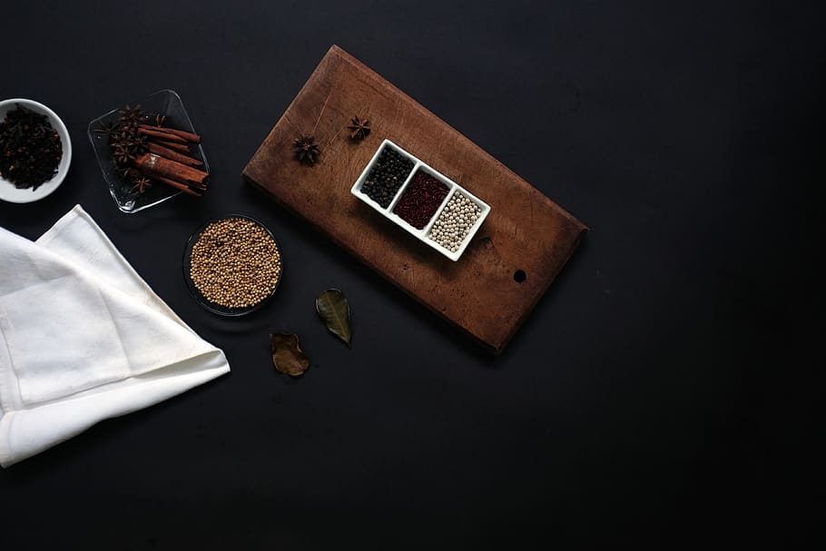 black background, container, spices, table, white cloth, wood HD wallpaper