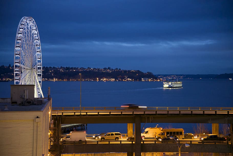 seattle, nighttime, waterfront, ferry, viaduct, seattle wheel HD wallpaper