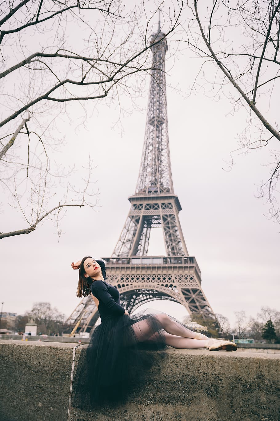 Photo of Posing Ballerina on Concrete Block With The Eiffel Tower in the Background, HD wallpaper