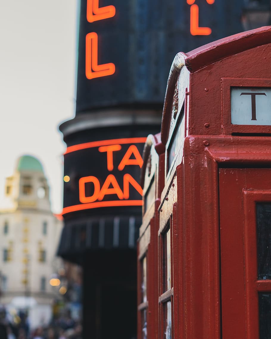 red tram in city, london, uk, london telephone, phone booth, sign, HD wallpaper