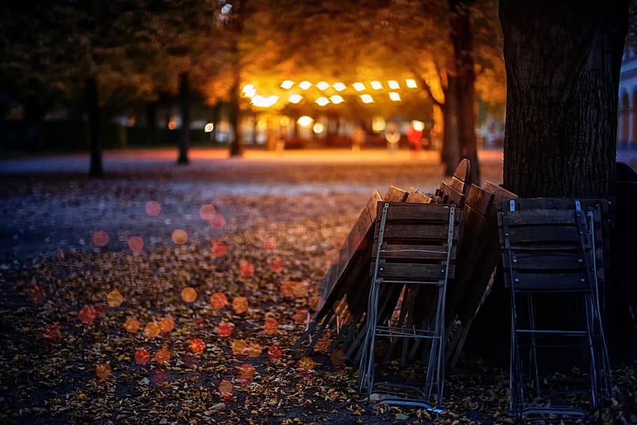 autumn, leaves, lights, garden, celebration, colorful, chairs, HD wallpaper