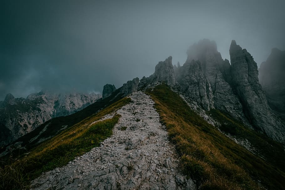 Green Grass Field and Mountain Under Gray Clouds, adventure, cold HD wallpaper