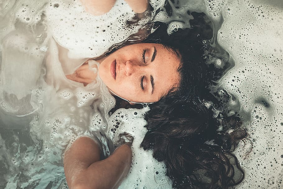 Woman Soaked in Water With Bubbles, bath, bathroom, bathtub, beautiful woman