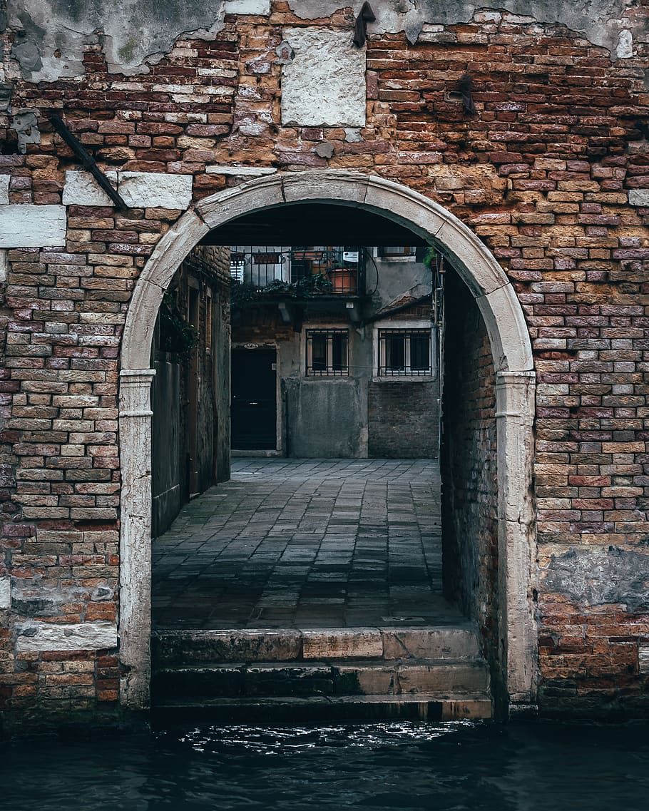 brown brick arch, path, walkway, pavement, sidewalk, cobblestone HD wallpaper