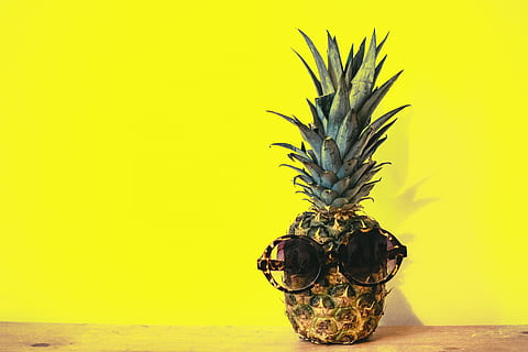 pineapple, sunglasses, yellow, background, minimal, table, wood HD wallpaper