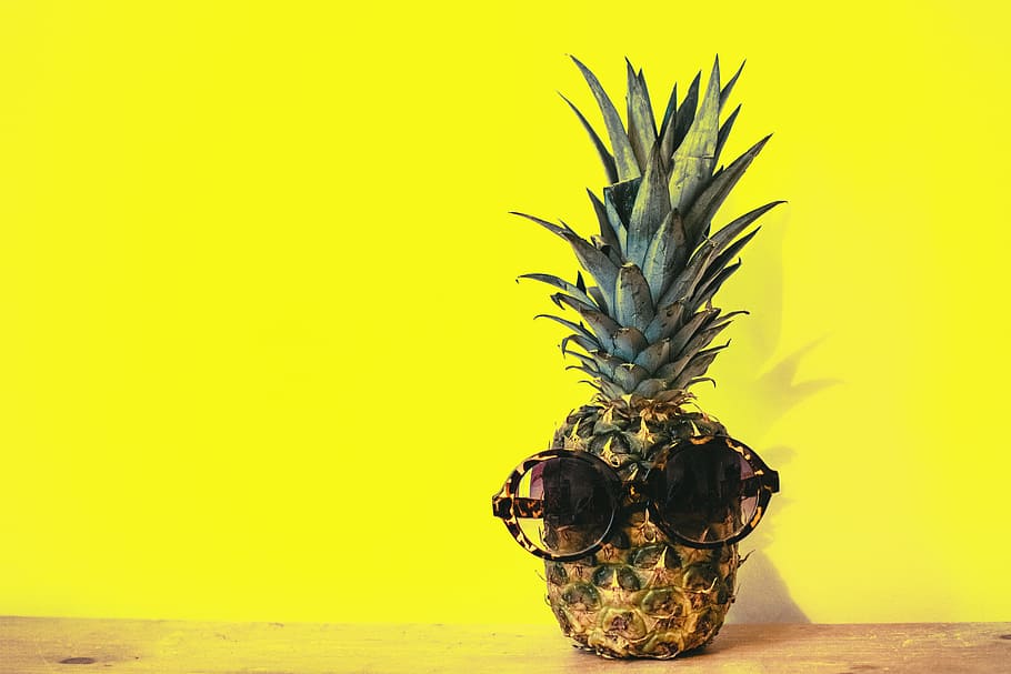 pineapple, sunglasses, yellow, background, minimal, table, wood HD wallpaper