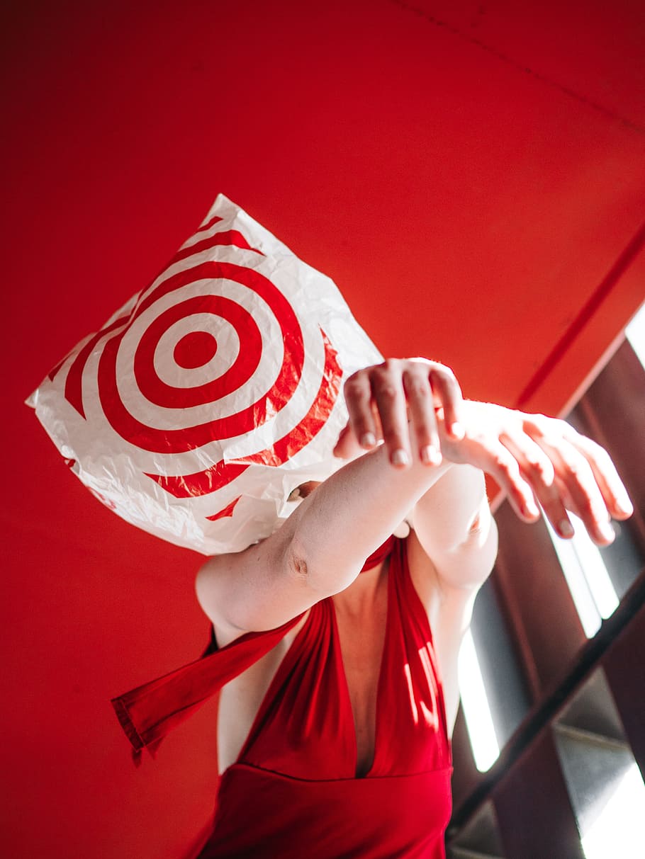 woman cross arms, bag, target, red, person, plastic, fashion HD wallpaper