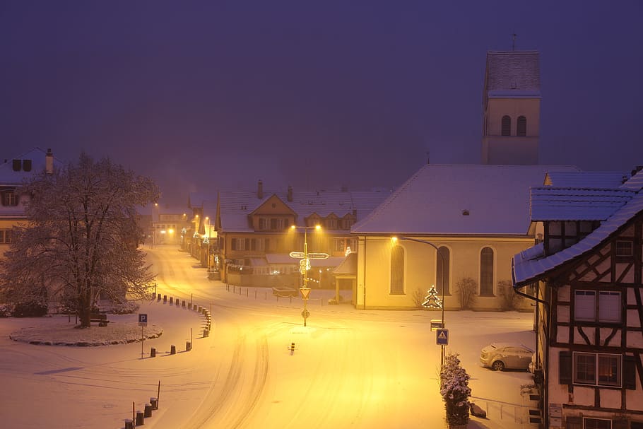 White, architecture, buildings, cold, lights, night, road, snow HD wallpaper
