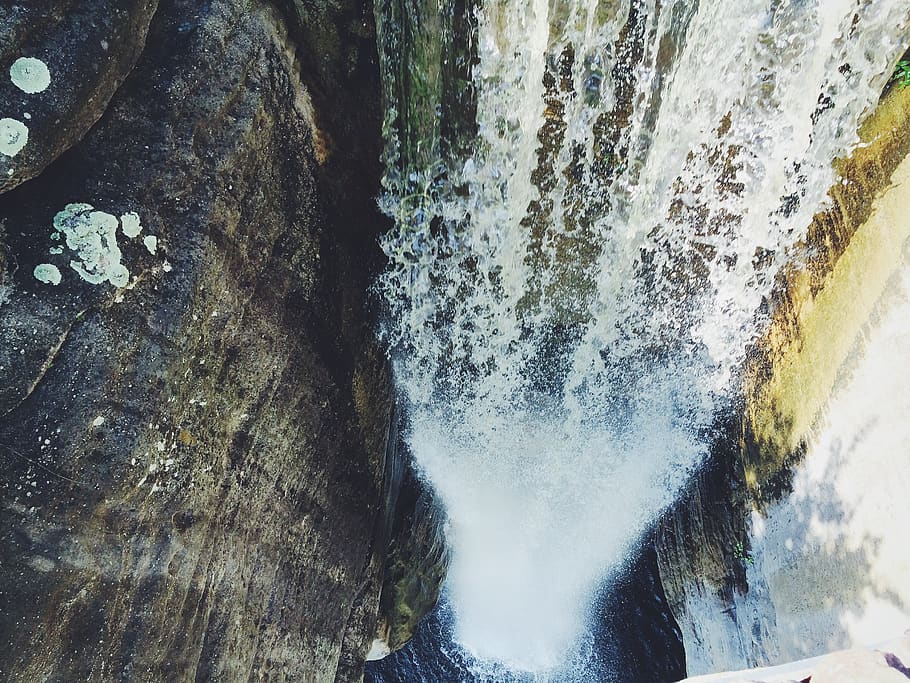 waterfall, rocks, cliff, river, stream, nature, outdoors, motion HD wallpaper