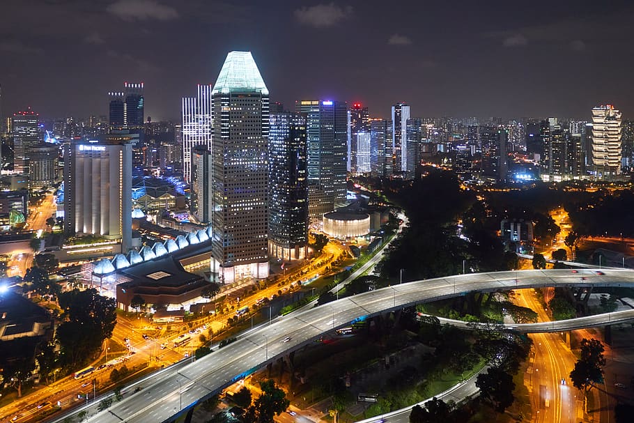 high-rise building during nighttime, road, intersection, downtown HD wallpaper