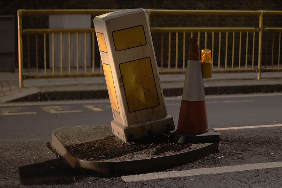 traffic cone on road, railing, london, asphalt, tarmac, street HD wallpaper
