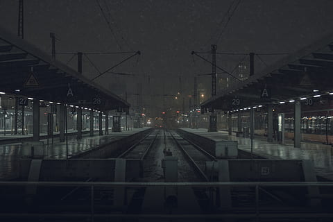 germany, munich, dark, mist, snow, winter, train station, night HD wallpaper