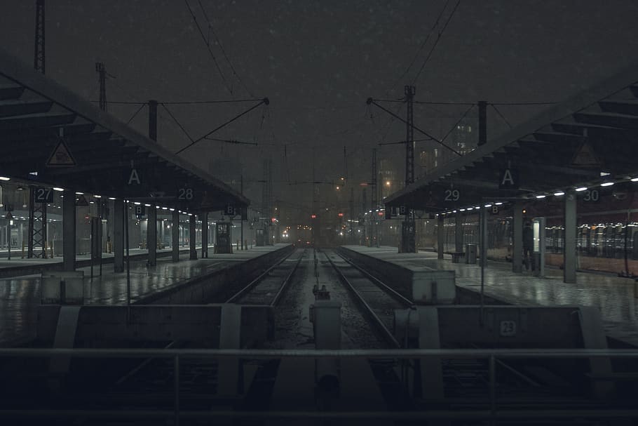 germany, munich, dark, mist, snow, winter, train station, night HD wallpaper