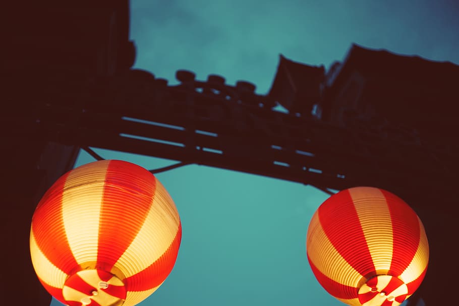 two red candle lanterns, low angle view, lighting equipment, no people HD wallpaper