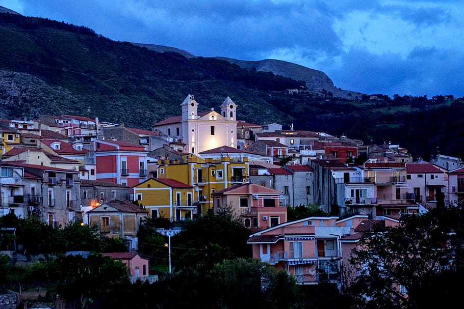 evening, twilight, nightfall, country, village, san nicola arcella HD wallpaper