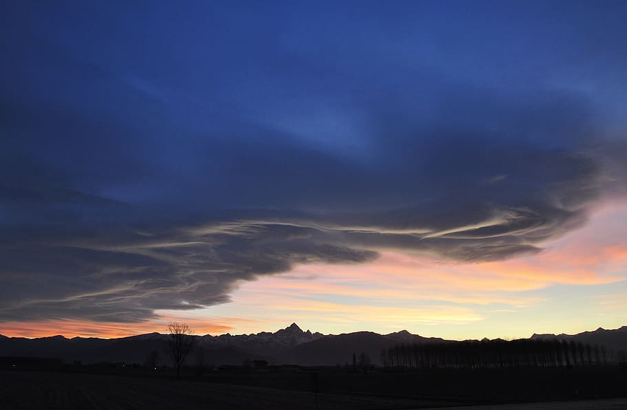 skyline, clouds, horizon, alps, monviso, landscape, sunset HD wallpaper