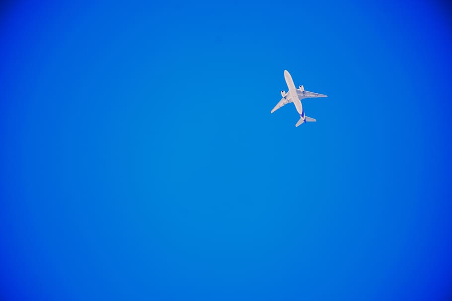 sky, airplane, air vehicle, flying, blue, travel, mode of transportation HD wallpaper