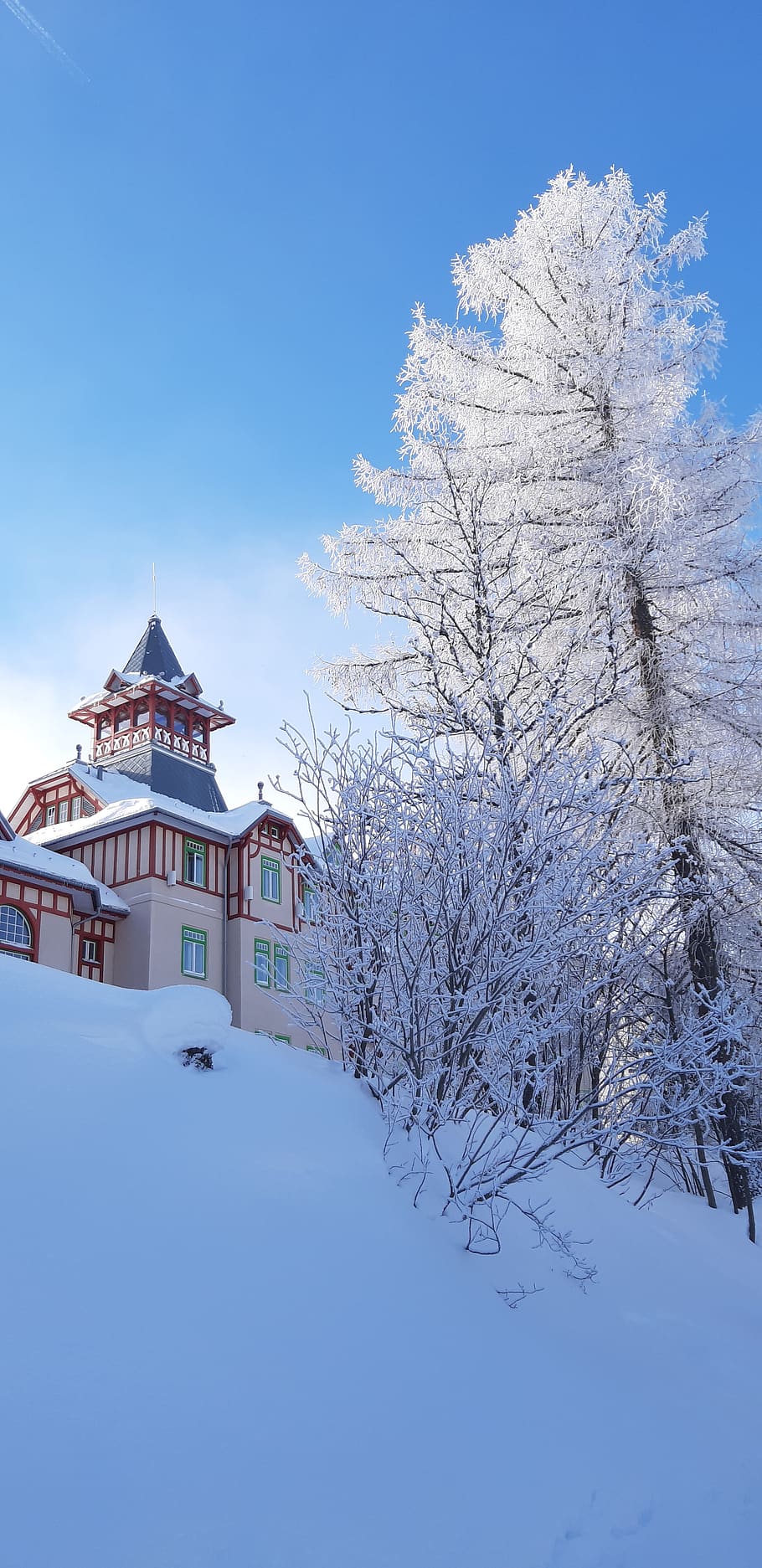 winter, snow, blue, sky, frost, architecture, built structure HD wallpaper